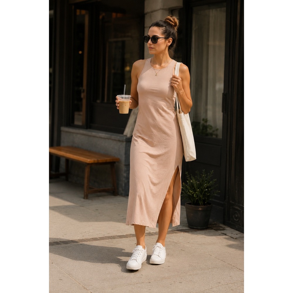 Zara Midi Tank Dress Minimalist Small Tan Cotton High Neck Racerback Side Slit